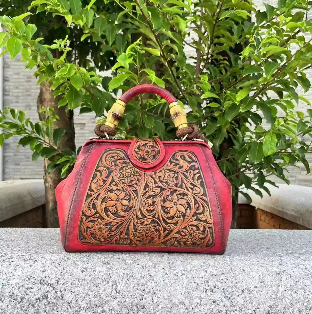 Socofy Handmade Women Shoulder Bag Vintage Carved Leather Women's Bag trend Handbags Female Bags