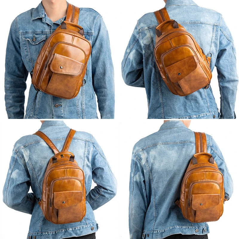 Socofy Retro Mini Backpack Genuine Leather Multifunctional Backpacks Vintage Handmade Chest Bags