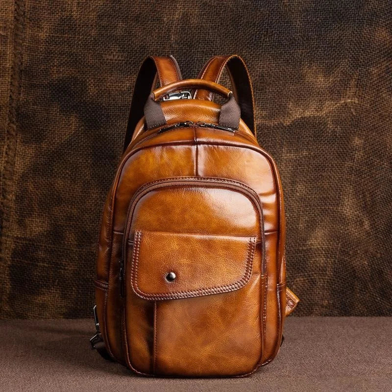 Socofy Retro Mini Backpack Genuine Leather Multifunctional Backpacks Vintage Handmade Chest Bags