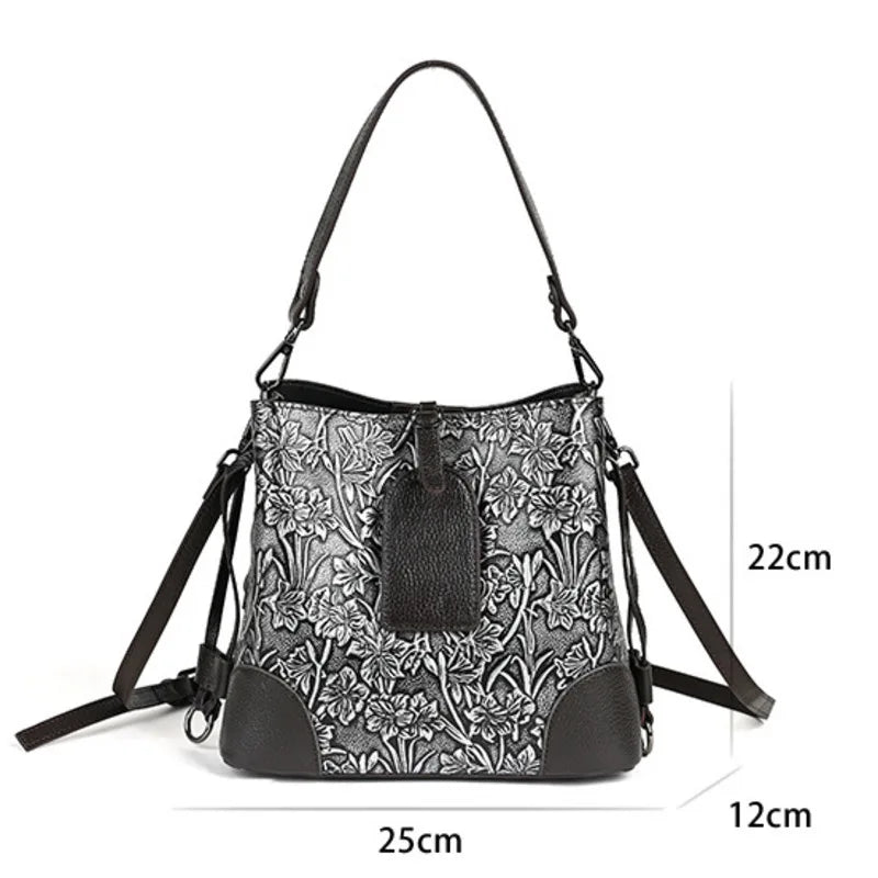 Socofy Retro Embossed Genuine Leather Women Shoulder Bucket Bag Cowhide Handbag Female Large Capacity Crossbody Bags