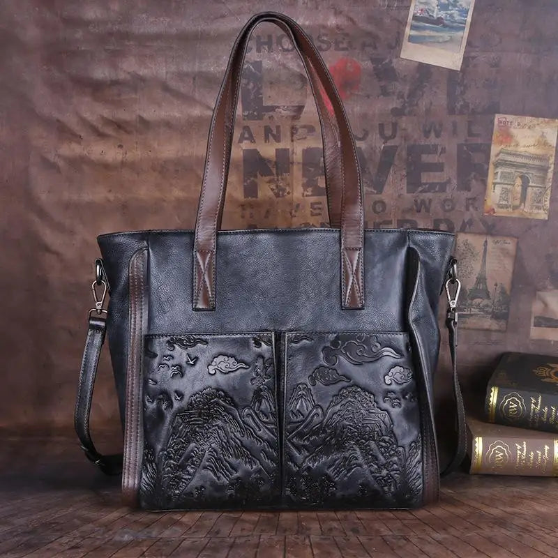 Socofy Vintage Women Shoulder Bag Genuine Leather Handbag Handmade Embossed Tote Bag Ladies