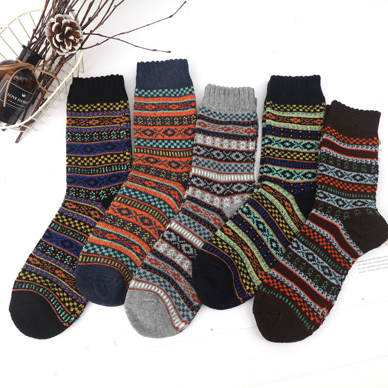 Socofy Vintage Thickened Warm Ethnic Style Wool Mid-Calf Socks