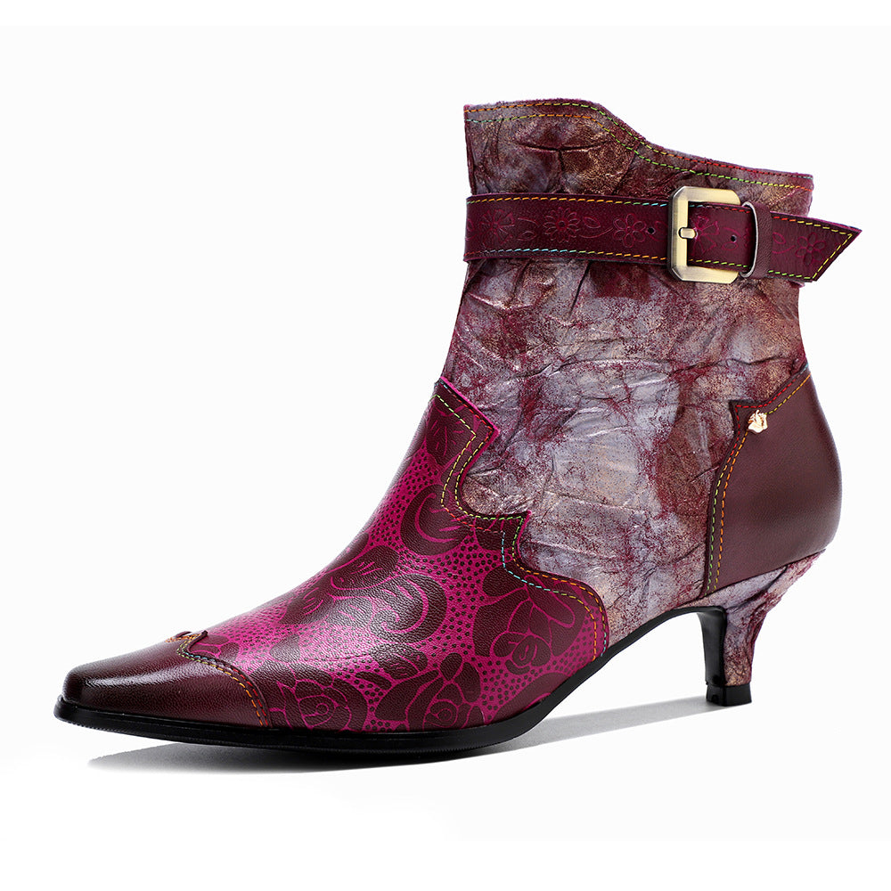 Socofy Leather Printed Patchwork Belt Buckle Slim Heel Women's Boots