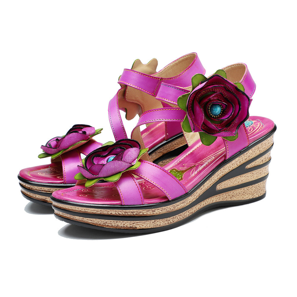 Socofy summer leather three-dimensional flowers comfortable sloping sandals