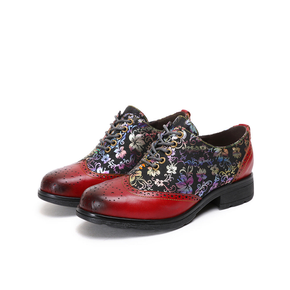 Socofy Ethnic style flower retro cowhide casual women's shoes