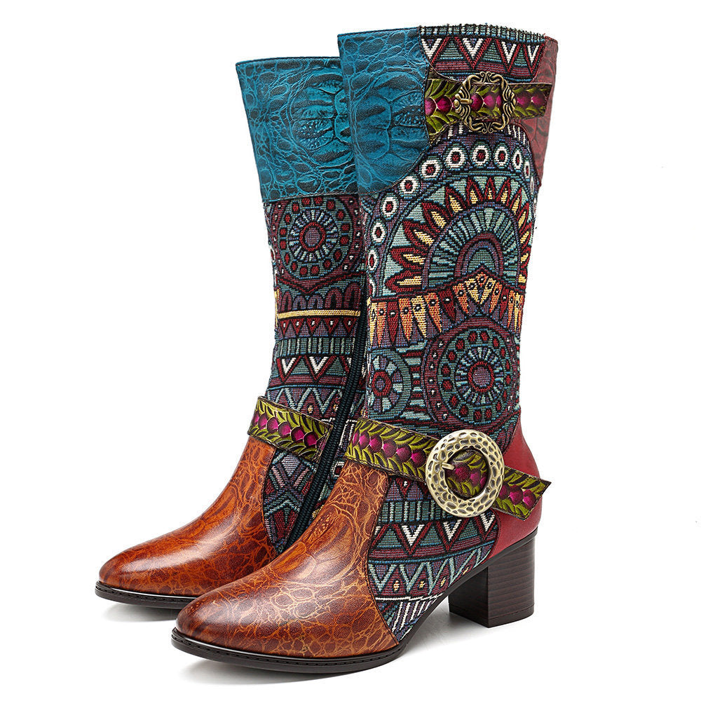 Socofy pointed-toe adhesive-soled high-top cowhide bohemian ethnic style fashion boots