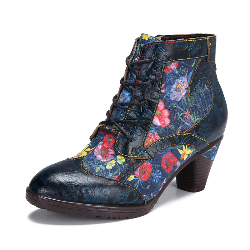 Socofy Vicconfy Vintage Floral Cowhide Ethnic Women's Leather Boots