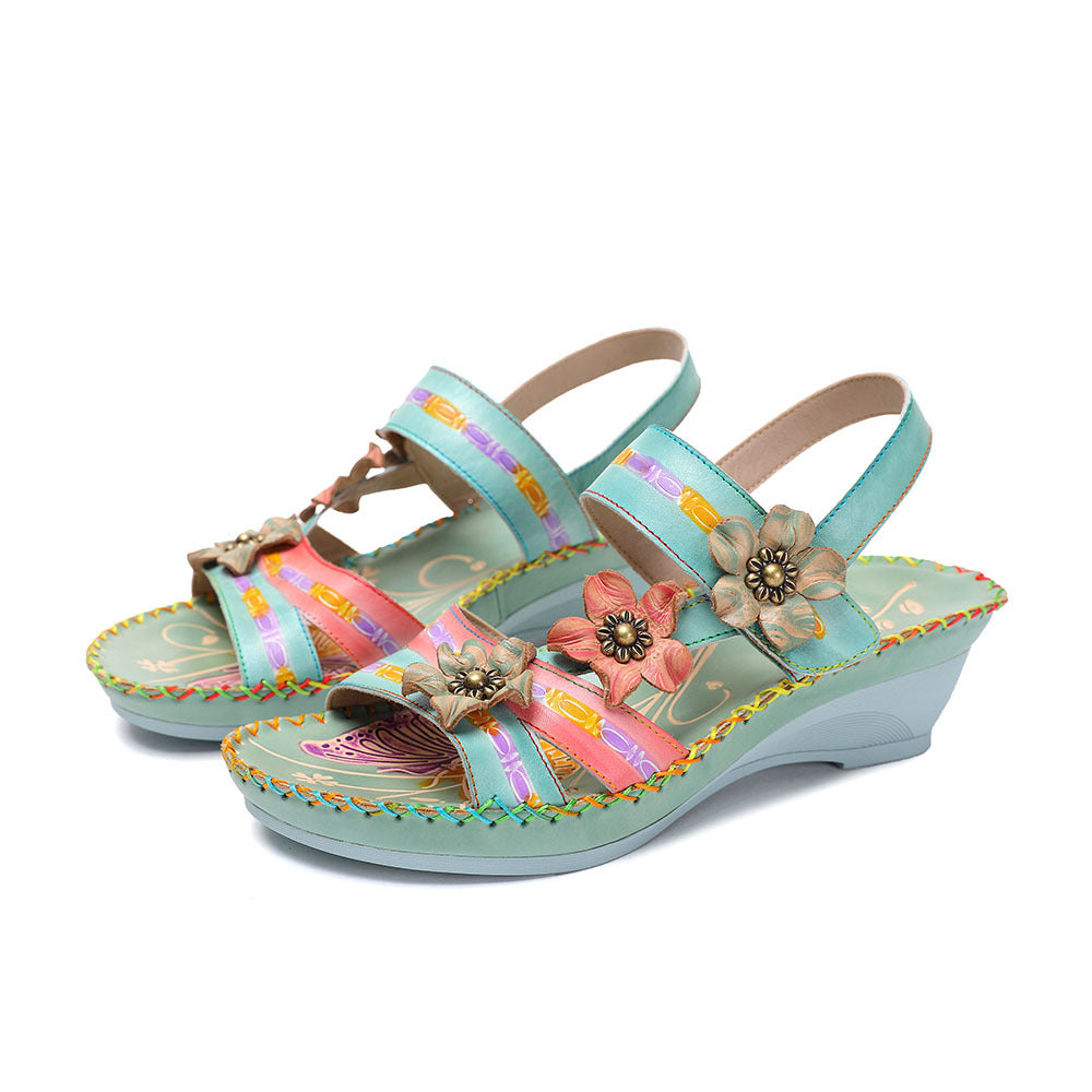 Socofy Vicconfy Genunie Leather Floral Handmade Women's Sandals