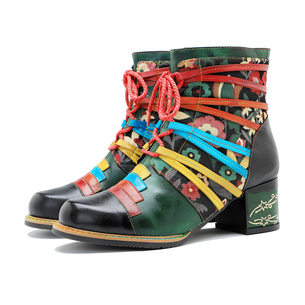 Socofy Vicconfy Handmade Genuine Leather Printed Patchwork Colorful Strappy Chunky Heel Women's Boots