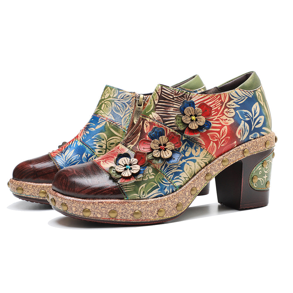 Socofy Genuine Leather Vintage Floral Dimensional Flower Comfortable Pumps