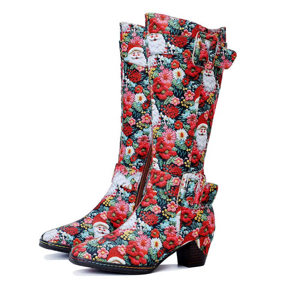 Chrismas Exclusive｜Socofy Vicconfy Vintage Print Casual Chunky Heel Comfort High Boots