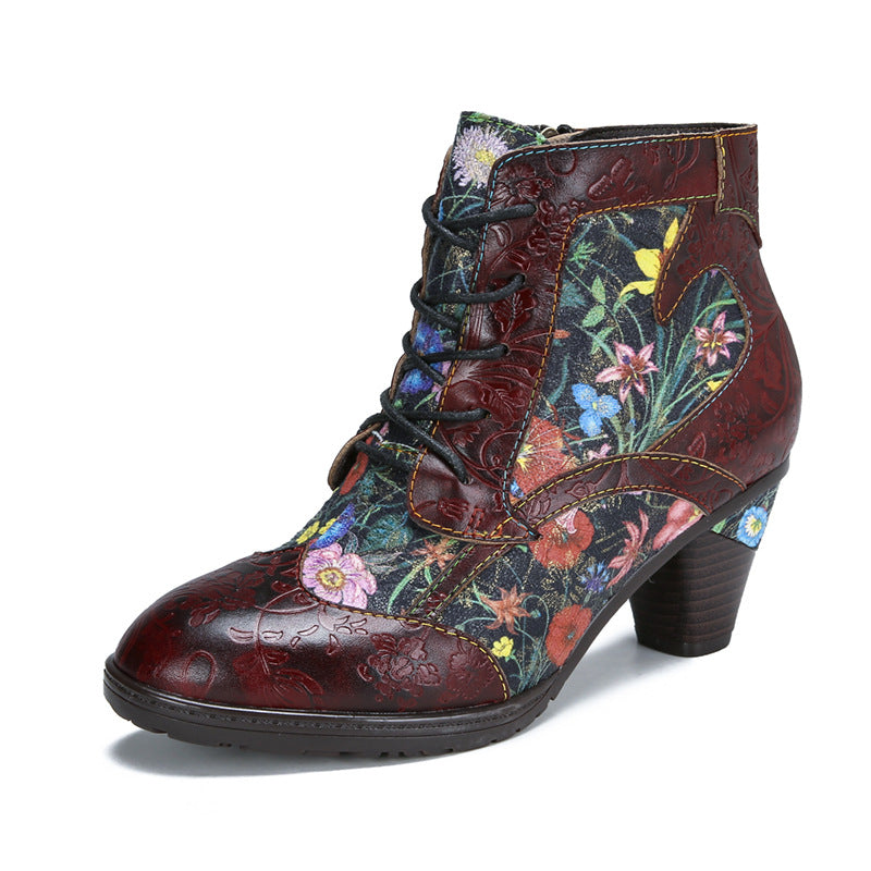 Socofy Vicconfy Vintage Floral Cowhide Ethnic Women's Leather Boots