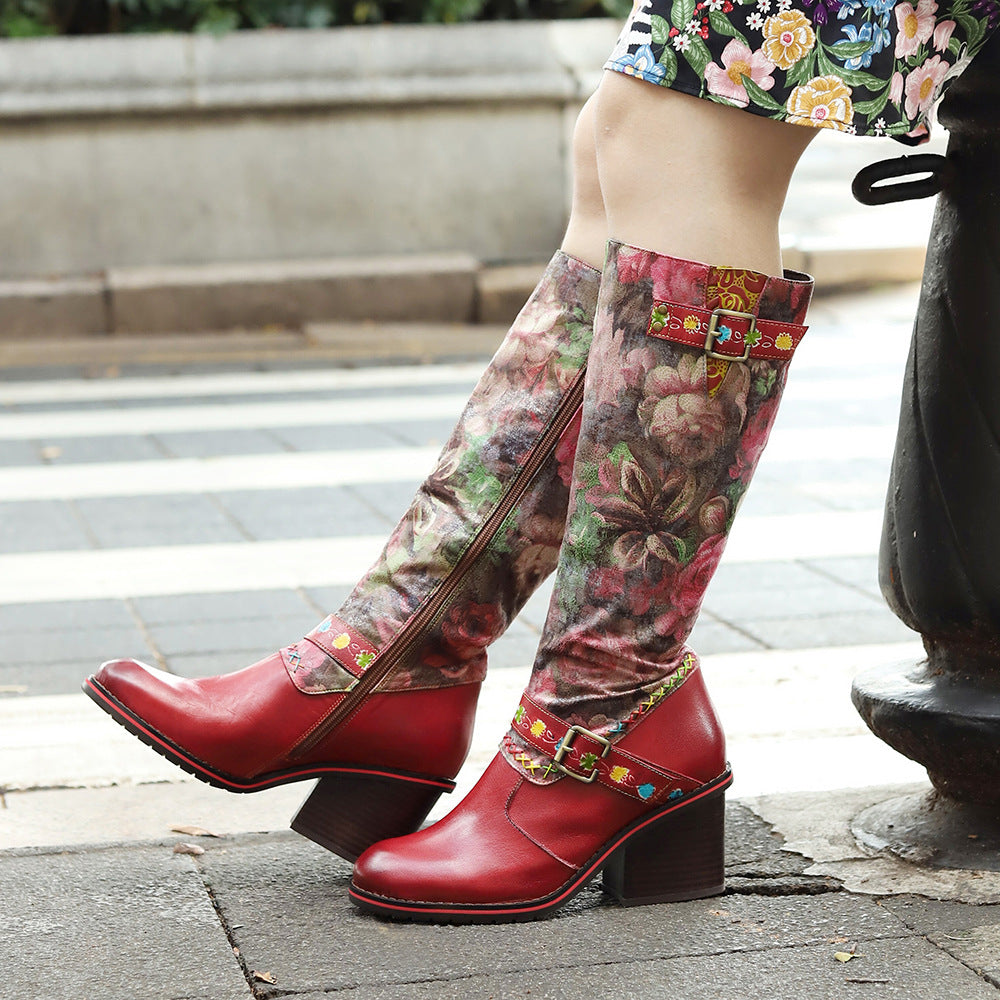 Socofy Vicconfy Handmade Color Rubbed Leather Printed Belt Buckle Chunky Heel Women's Boots