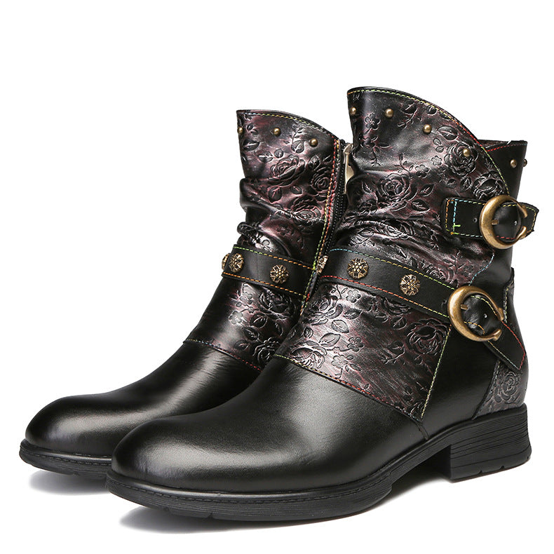 Socofy Vicconfy Leather Vintage Side Zipper Low Heel Women's Boots