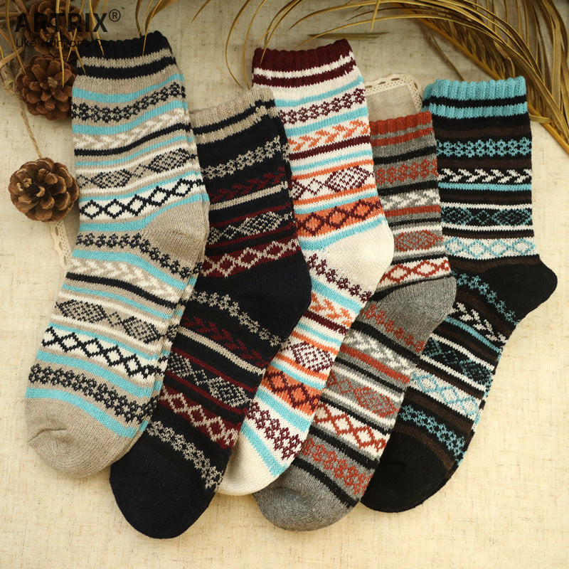 Socofy Vintage Thickened Warm Ethnic Style Wool Mid-Calf Socks