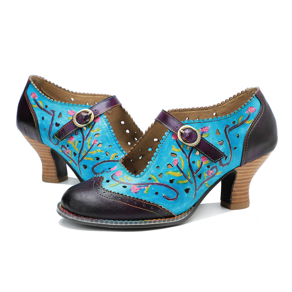 Socofy genuine leather hand-rubbed hollow flower high heels for women