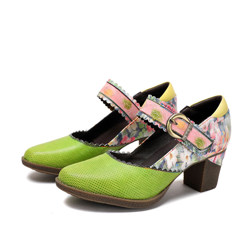 Socofy Vicconfy Floral Leather Women's Mary Jane Heel