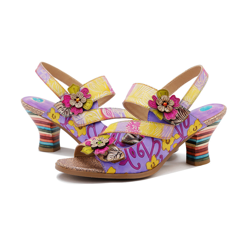 Socofy new summer style genuine leather retro three-dimensional flower rainbow and wine glass sandals for women