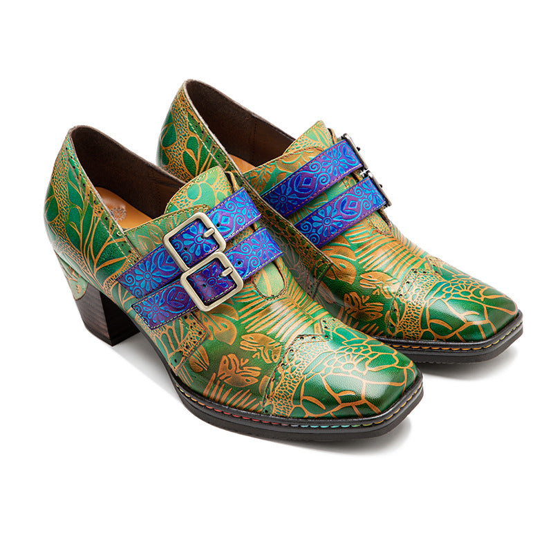 Socofy genuine leather green printed pastoral style retro thick heel women's high heels