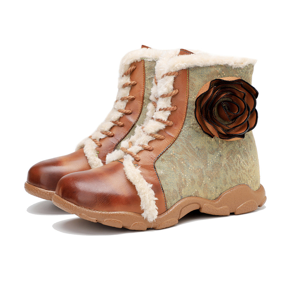 Socofy Genuine Leather Vintage Floral Padded Cozy Flat Boots