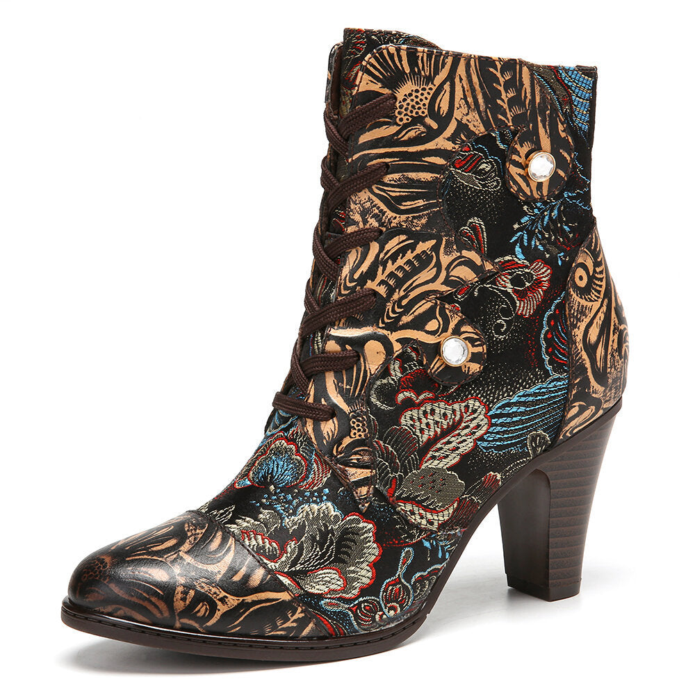 Socofy Vintage Pointed Embroidered Flowers Women's Fashion Boots