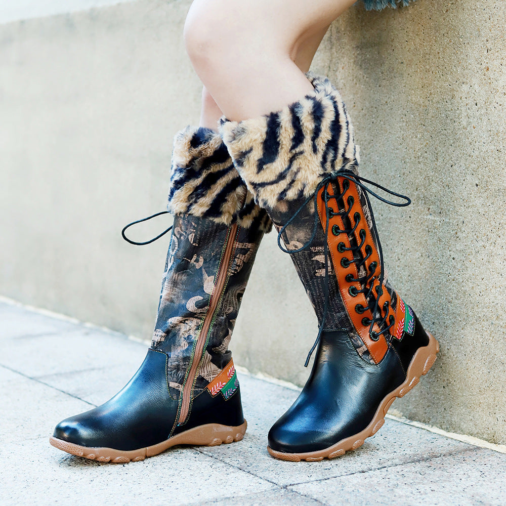 Socofy Vicconfy Printed Patchwork Padded Comfort Flat High Boots