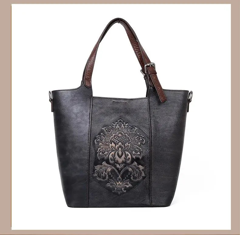 Socofy Vintage Style Luxury Handbags Genuine Cowhide Handmade Embossing Women's Shoulder Bags