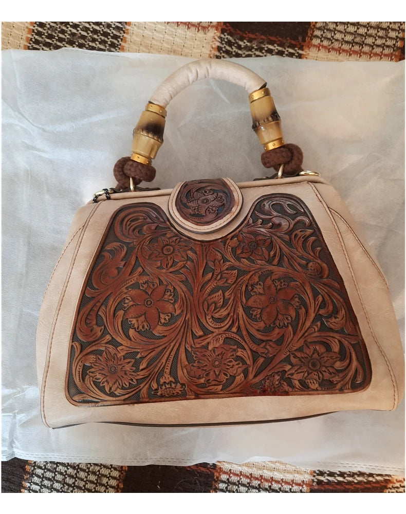 Socofy Handmade Women Shoulder Bag Vintage Carved Leather Women's Bag trend Handbags Female Bags