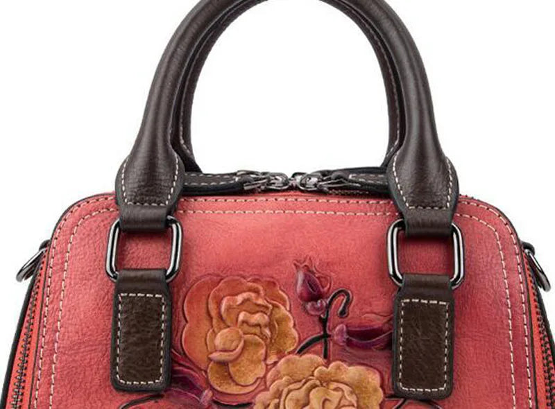 Socofy Floral Embossed Genuine Leather Shoulder Bag For Ladies