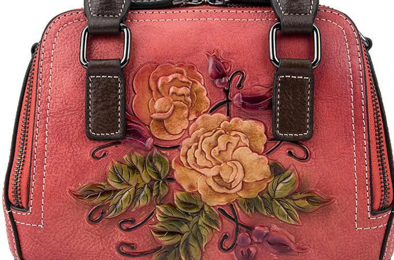 Socofy Floral Embossed Genuine Leather Shoulder Bag For Ladies