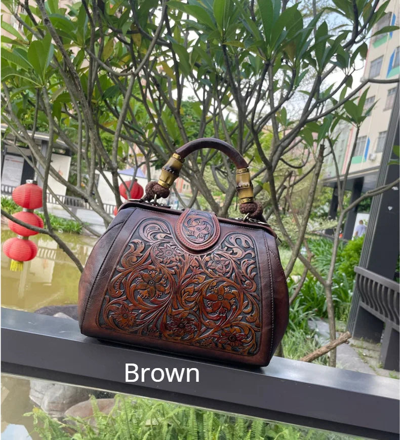 Socofy Handmade Women Shoulder Bag Vintage Carved Leather Women's Bag trend Handbags Female Bags