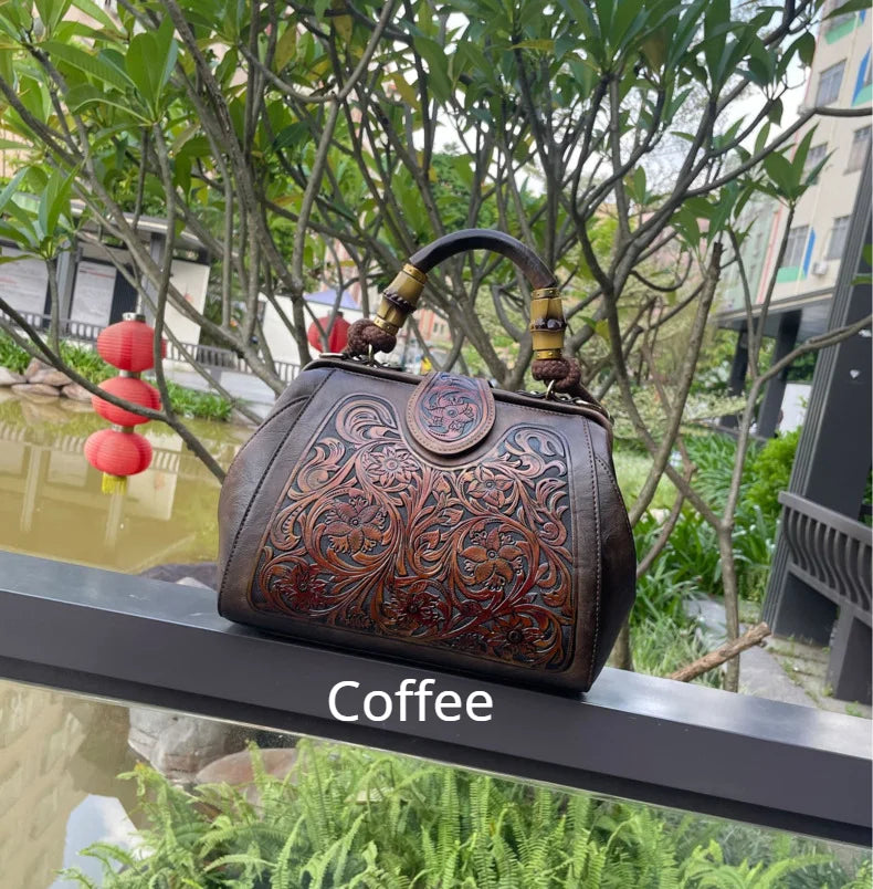 Socofy Handmade Women Shoulder Bag Vintage Carved Leather Women's Bag trend Handbags Female Bags