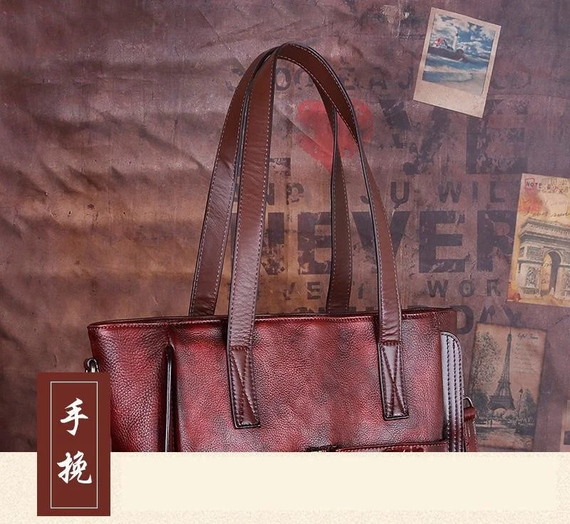 Socofy Vintage Women Shoulder Bag Genuine Leather Handbag Handmade Embossed Tote Bag Ladies