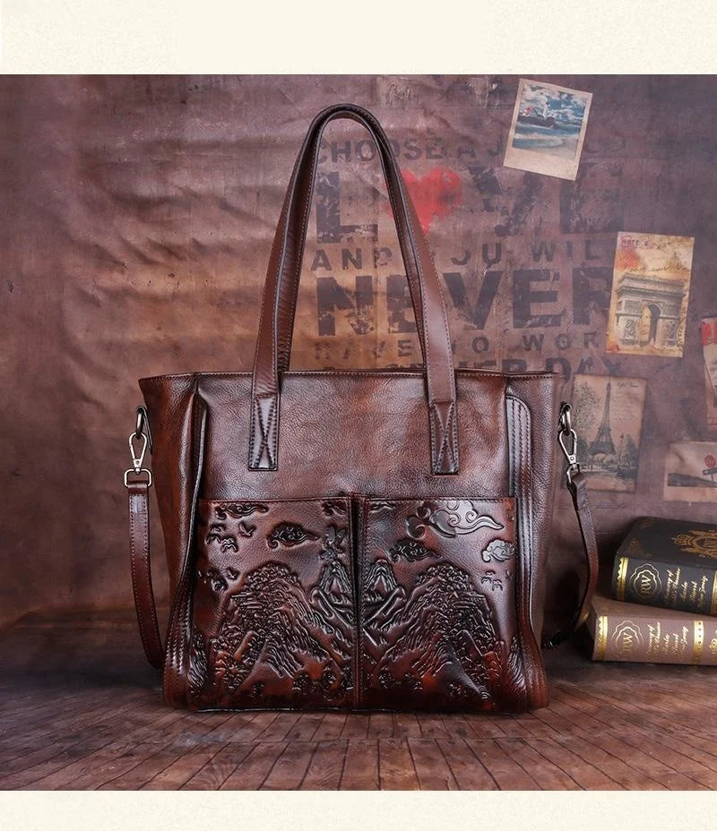 Socofy Vintage Women Shoulder Bag Genuine Leather Handbag Handmade Embossed Tote Bag Ladies