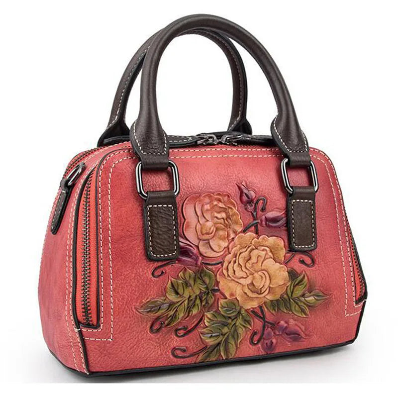 Socofy Floral Embossed Genuine Leather Shoulder Bag For Ladies