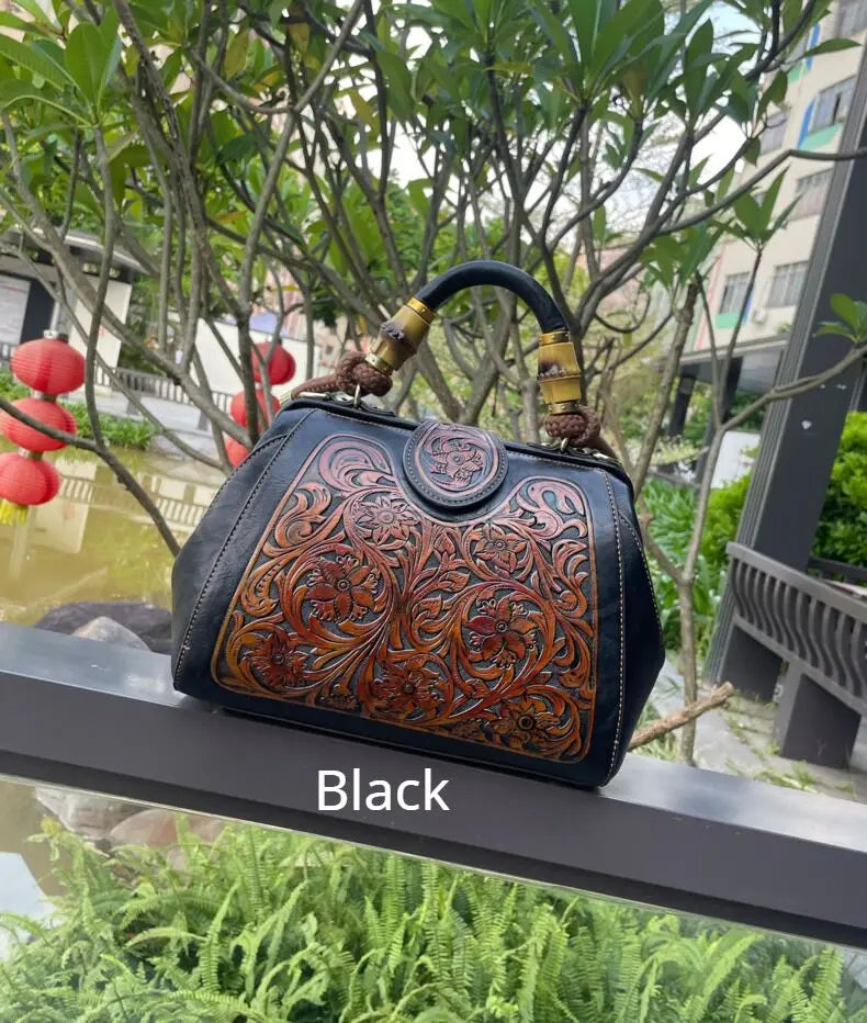 Socofy Handmade Women Shoulder Bag Vintage Carved Leather Women's Bag trend Handbags Female Bags