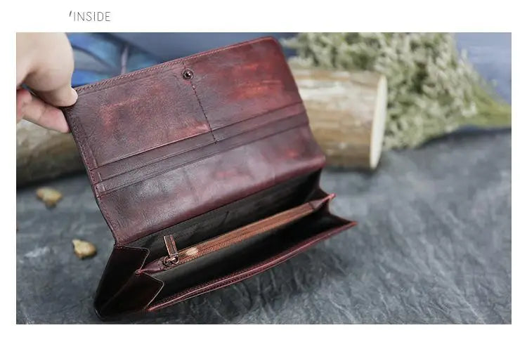 Socofy Women's Wallet Retro Cowhide Card Holder New Genuine Leather Long Ladies Purse Handmade Wallets Phone Bag