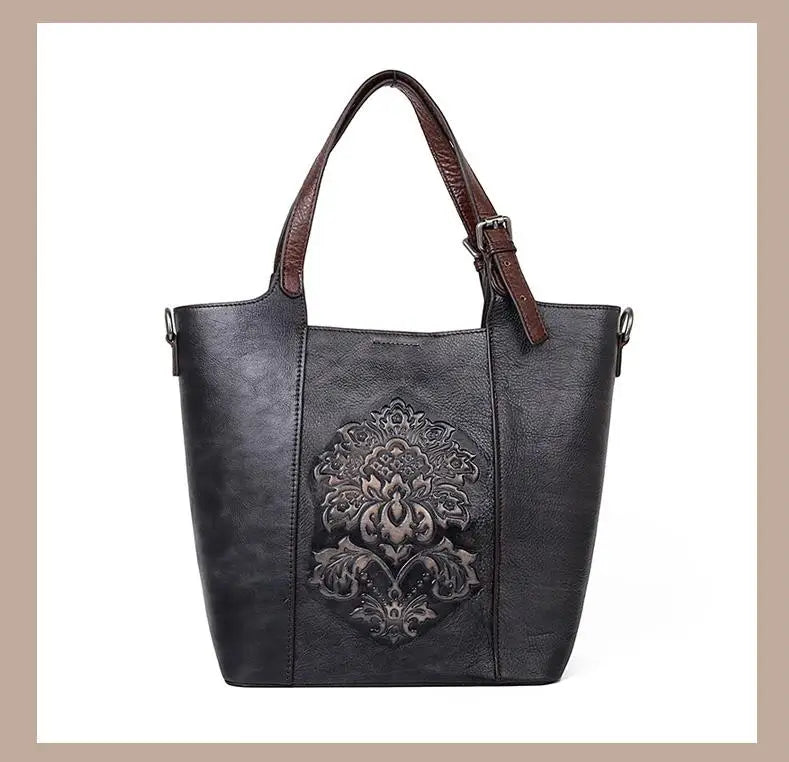 Socofy Vintage Style Luxury Handbags Genuine Cowhide Handmade Embossing Women's Shoulder Bags