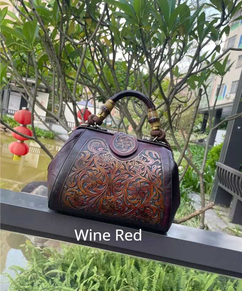 Socofy Handmade Women Shoulder Bag Vintage Carved Leather Women's Bag trend Handbags Female Bags