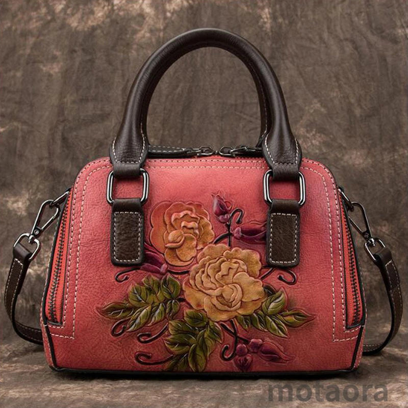 Socofy Floral Embossed Genuine Leather Shoulder Bag For Ladies