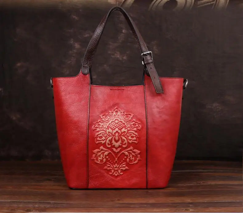 Socofy Vintage Style Luxury Handbags Genuine Cowhide Handmade Embossing Women's Shoulder Bags