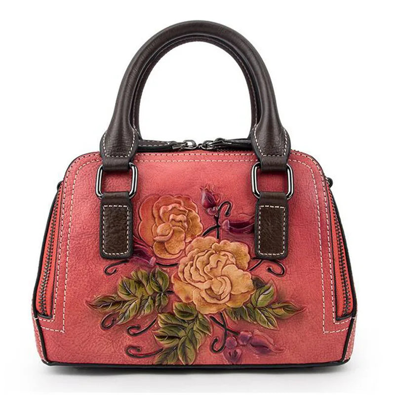 Socofy Floral Embossed Genuine Leather Shoulder Bag For Ladies