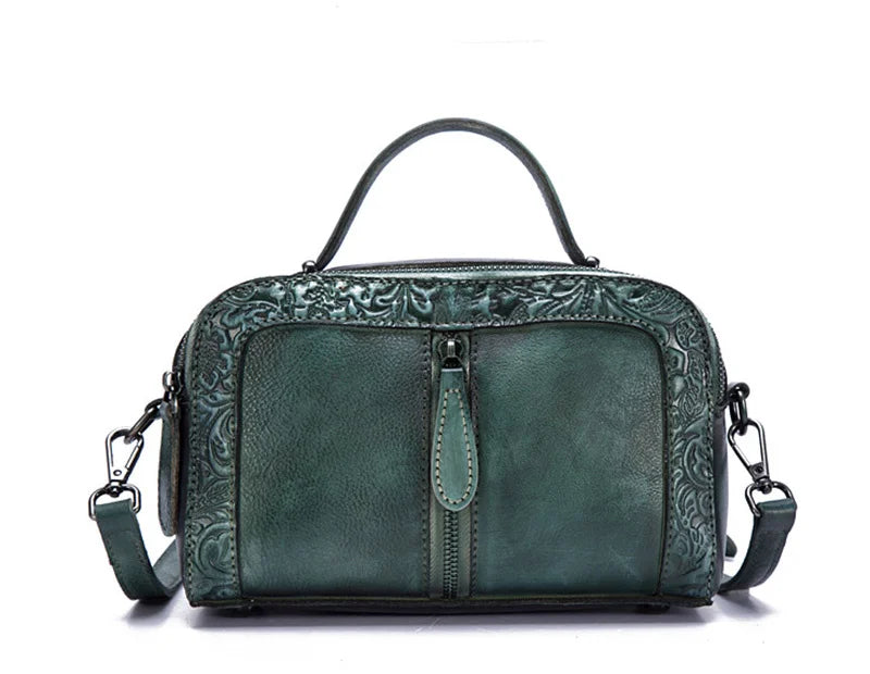 Socofy Genuine Leather Women Shoulder Bag Vintage Embossed Top-handle Bags For Female Hand-painted Retro Crossbody Bag Ladies