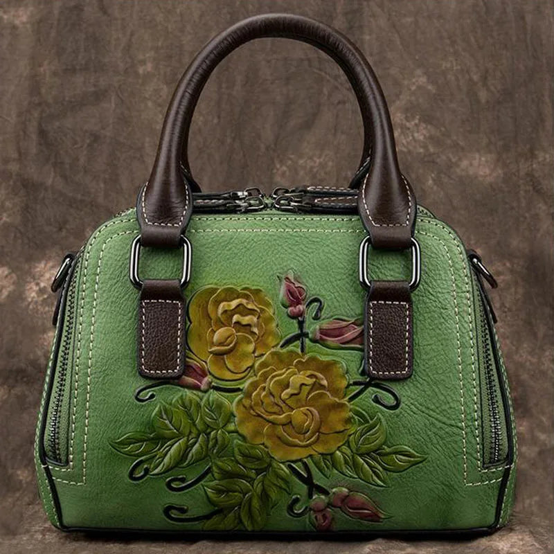 Socofy Floral Embossed Genuine Leather Shoulder Bag For Ladies