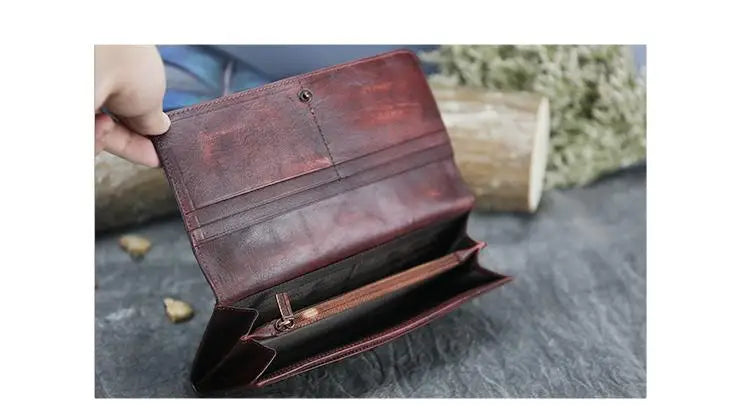 Socofy Women's Wallet Retro Cowhide Card Holder New Genuine Leather Long Ladies Purse Handmade Wallets Phone Bag