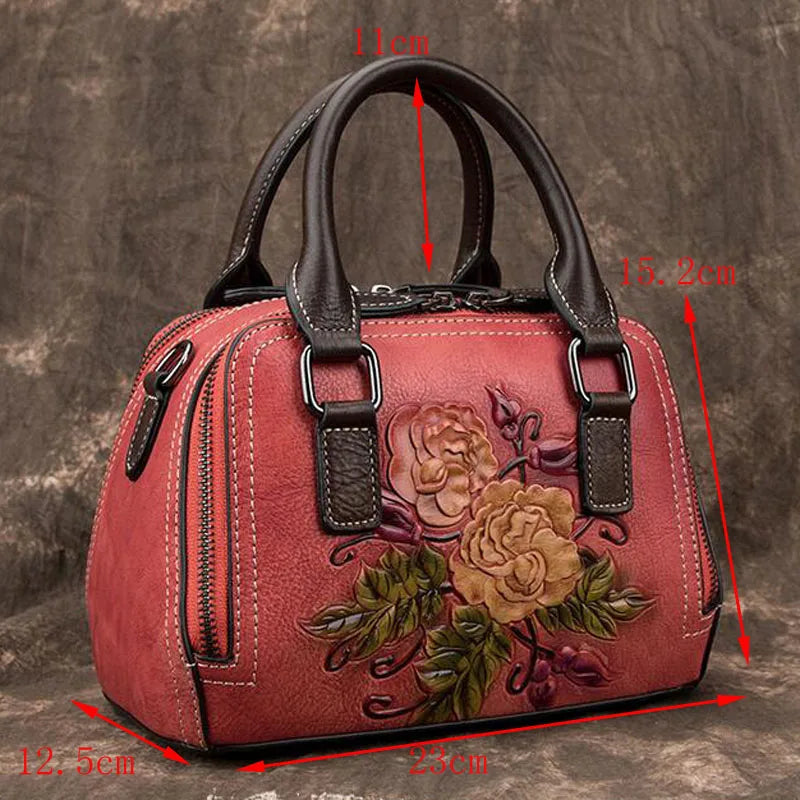 Socofy Floral Embossed Genuine Leather Shoulder Bag For Ladies