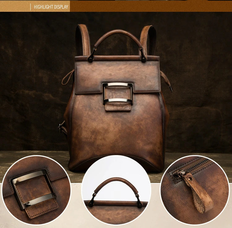 Socofy Vintage Backpack For Women Genuine Leather Backpacks Large Capacity Handmade Bags