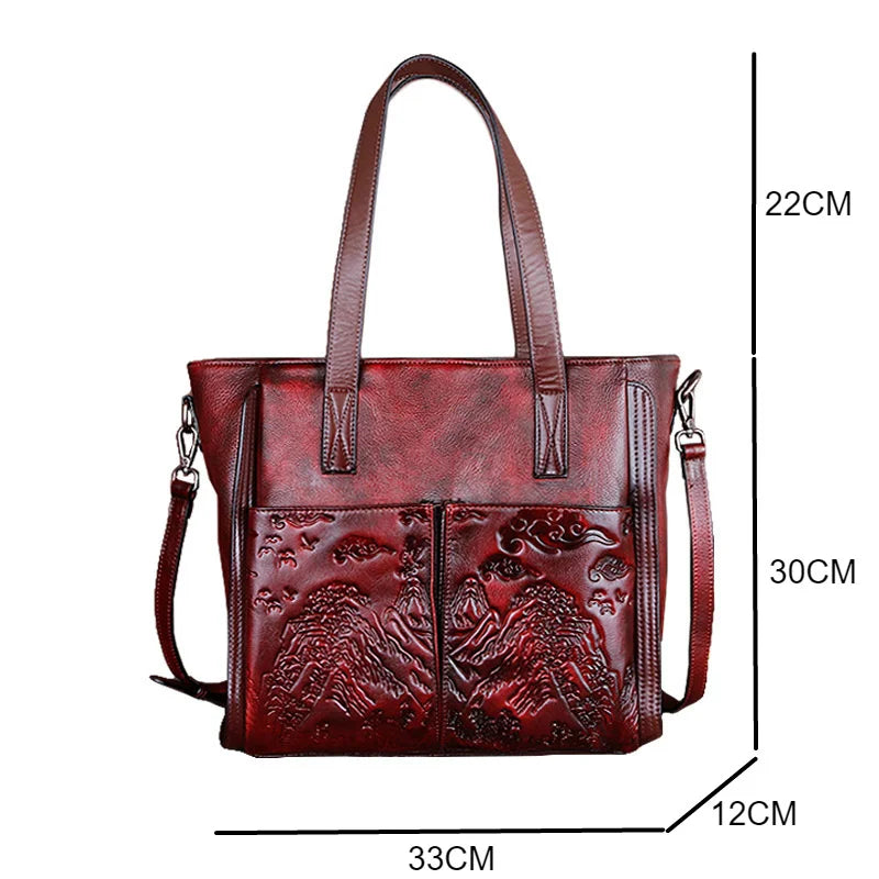 Socofy Vintage Women Shoulder Bag Genuine Leather Handbag Handmade Embossed Tote Bag Ladies