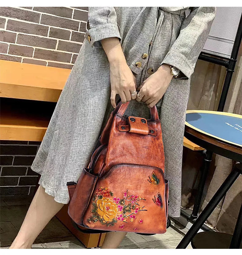 Socofy Vintage Style Luxury Handbags Genuine Cowhide Handmade Embossing Women's Shoulder Bags