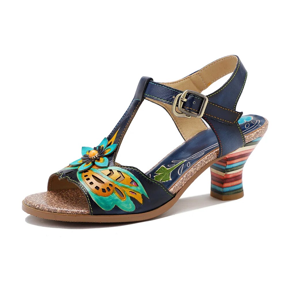 Socofy Genuine Leather Hand-painted Retro Contrast Comfortable High Heeled Sandals